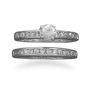  Rhodium Plated Sterling Silver and CZ Double Ring Wedding Band 
