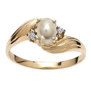  Yellow Gold Oval Pearl And Diamond Ring size 6 Jewelry