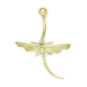 14k Yellow Gold 14 Gauge Dragon Fly Body Jewelry Belly Ring   Measures 