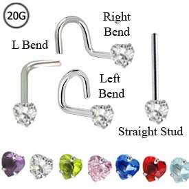 Surgical Steel Nose Stud Screw Ring 3mm Heart CZ 20G  