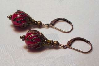Art Nouveau Victorian Vintage Style Bronze Red Jade Earrings  