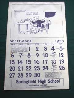 Original 1953 school year (9/53 to 8/54) wall calendar with sports 