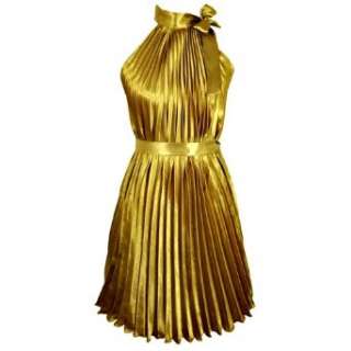  Gold Satin Accordion Pleated Sleeveless Dress Clothing