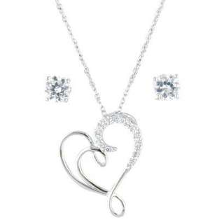 Sterling Silver Cubic Zirconia Double Heart Necklace And Stud Earrings 