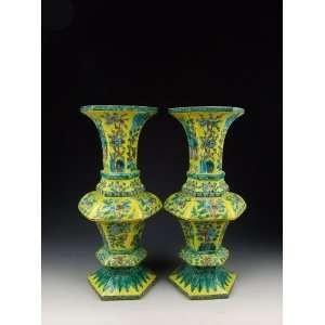 colored Porcelain Gu Shaped Vases With Flower Pattern, Chinese Antique 