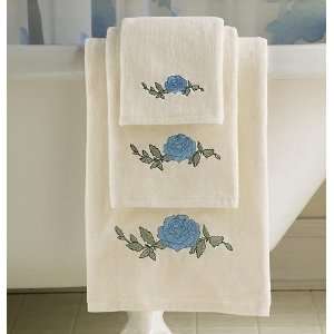  3 Piece Blue Rose Accent Ivory Bathroom Towel Set 