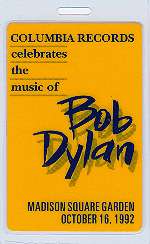 BOB DYLAN TRIBUTE 1992 MSG LAMINATED BACKSTAGE PASS  