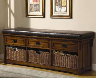 Large Oak Finish Storage Bench with Cushion and Baskets by Coaster 