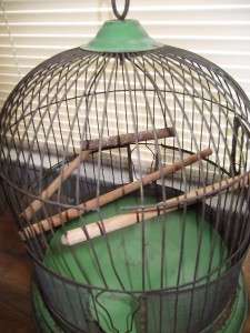   Vtg Metal Shabby Distressed Green Paint Bird Cage Hanging Table  