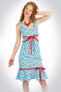 BROAD MINDED CLOTHING   BLUE CHERRY PRINT ROCKABILLY DRESS LARGE 