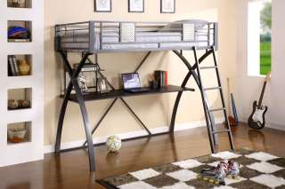 Modern Twin Loft Chrome and Dark Gray Metal Bunk Bed with Desk 