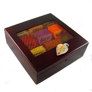 Wooden Tea Box with Lampwork Glass Leaf and Copper Window includes 90 
