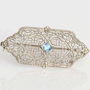   Gold Filigree Princess Cut Blue Topaz Antique Estate Brooch and/or Pin