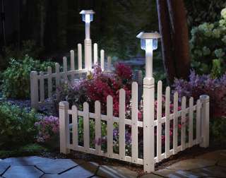 White Wooden Picket Fence Corner Lawn Edging With Solar Light  