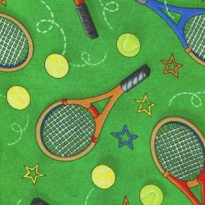 TENNIS RACKETS BALLS & STARS GREEN~Cotton Quilt Fabric  