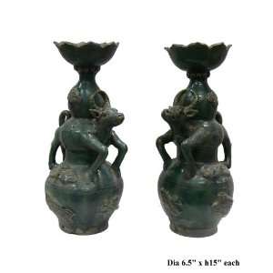  Pair Old Chinese Ceramic Green Glaze Candle Holder As1839 