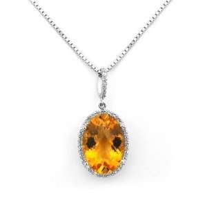 18K White Gold Oval Shaped Citrine Diamond Accented Pendant With 925 