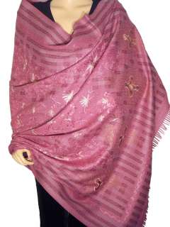 Beautiful Embroidered Dress Shawl Elegant Pink Wool Afghan Kashmir 