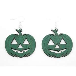  Kelly Green Pumpkin Jack O Lantern Wooden Earrings GTJ 