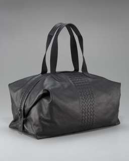 Woven Detail Leather Duffel Bag, Black