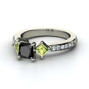Caroline Ring, Princess Black Diamond 14K White Gold Ring with Peridot 