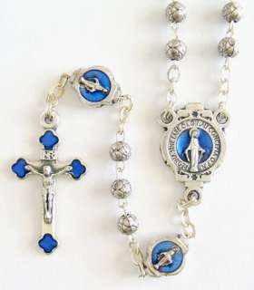 Italian Blue Metal Miraculous Medal Beads Rosary  