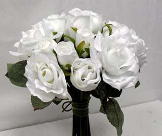 WHITE Silk Roses Handtied Wedding Bridal Bouquet  