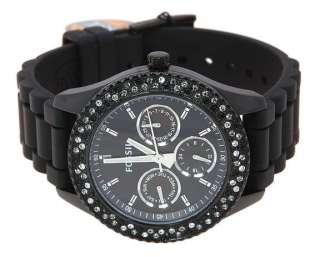   LARGE BLACK DIAL CRYSTALS SILICON STRAP FOSSIL WATCH ES2896  