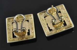   Vintage Two Tone 14K Gold Medusa Goddess Greek Key Omega Clip Earrings