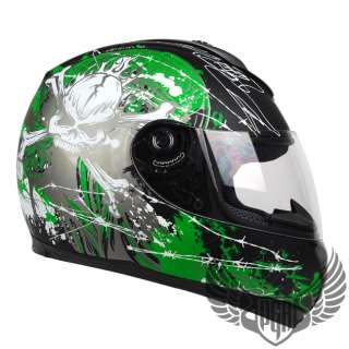 Matte Black Green Skull PEAK Full Face Motorcycle DOT APPROVED Helmet 