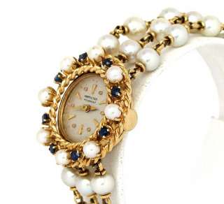 DAZZLING 14K YELLOW GOLD, CULTURED PEARLS & SAPPHIRES HAMILTON WATCH