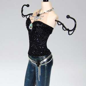 Denim Skinny Jeans Doll Jewelry Stand Tree Organizer Display Black Top 