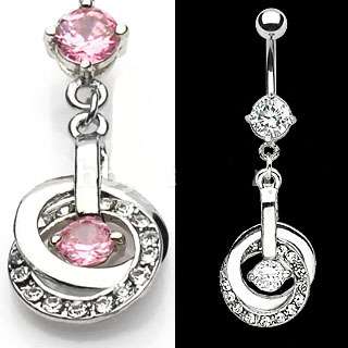 Pink C.Z. Double Hoop C.Z. Belly Ring Body Jewelry 14g 3/8  