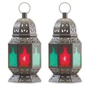   Pair Moroccan Colored Glass Lanterns Candle Holder