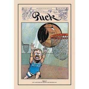 Vintage Art Puck Magazine Goal; Just a Little Basketball Practice 