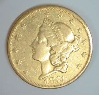 1874 S US Liberty $20 Dollar Double Eagle Gold Coin  