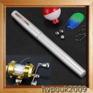 Silver ★Mini★ Pocket Pen Fishing Rod + Gold Reel + Line  
