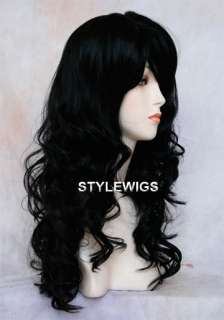 Long Human Hair Blend Wig Curly Wavy Heat Safe Jet Black SACR 1  