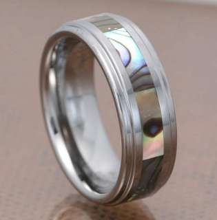   Tungsten Carbide Band Abalone Shell Inlay Step Edge Mens Wedding Ring