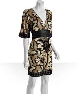 Hale Bob taupe graphic silk jersey belted v neck dress   up to 