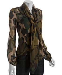 Diane Von Furstenberg green silk chiffon camouflage print blouse 