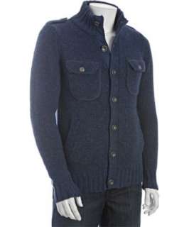 Brand navy blue wool knit standing collar military cardigan 