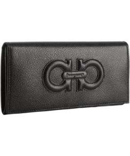 Ferragamo black pebbled leather gancio continental wallet   up 