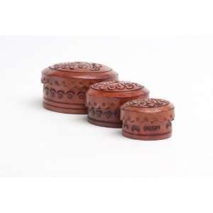   Round Hand Tooled Leather Set of Three Keepsake Boxes 
