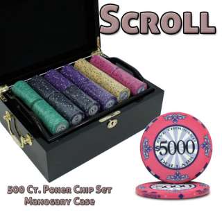 500 Scroll Ceramic Poker Chips Set Mahogany Case  