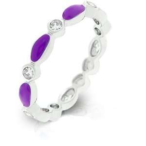 White Gold Rhodium Bonded Link Style Stacker Ring with Purple Enamel 