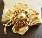 20K Gold Plated Clover Brooch Pin Rhinestone Crystal Shell Pearl Lead 