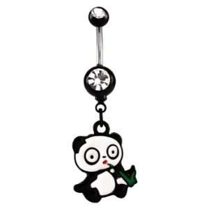 Clear Jeweled Panda Sitting Eating Plant Belly Ring   14g (1.6mm), 3/8 