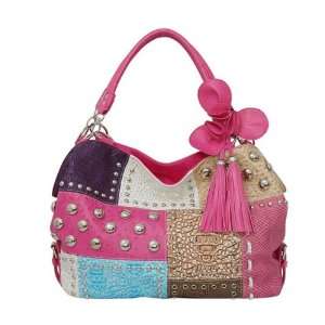  Pink Patchwork Textured Silver Studded Hobo Handbag with 