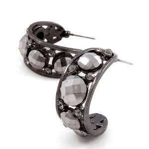   Hematite Tone Black Rhinestone Hoop Post Earrings Fashion Jewelry